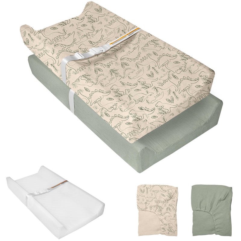 JVEOO Muslin Baby Changing Pad, 2 Pack Muslin Soft Cotton Covers & Waterproof Lining Foam Diaper Changing Table Pad 32" x 16.6" Mat for Dressers - Image 1
